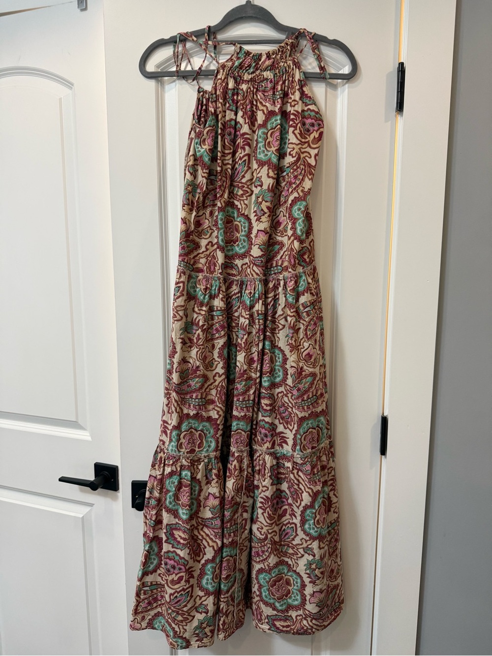 Zara Beige Maxi Dress with Teal and Burgundy Paisley Print -cotton